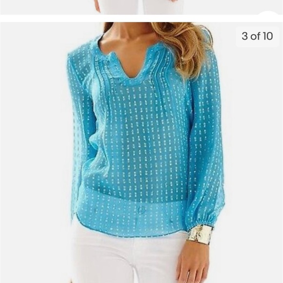 Lilly Pulitzer Women's Tunic Top Colby Silk Clip Metallic Sheer Blouse Blue XS - Picture 2 of 5